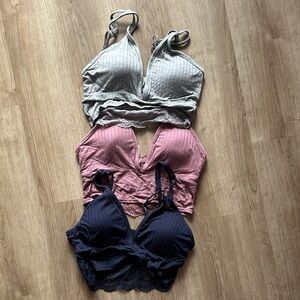 Lucky Brand Ribbed Lace Bralette Trio - Gray, Pink, Navy